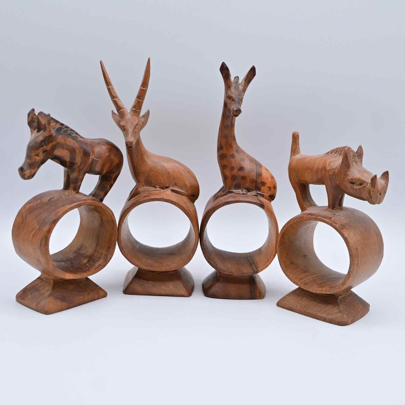Vintage Hand Carved African Wildlife Animals Napkin Rings Set Of 4