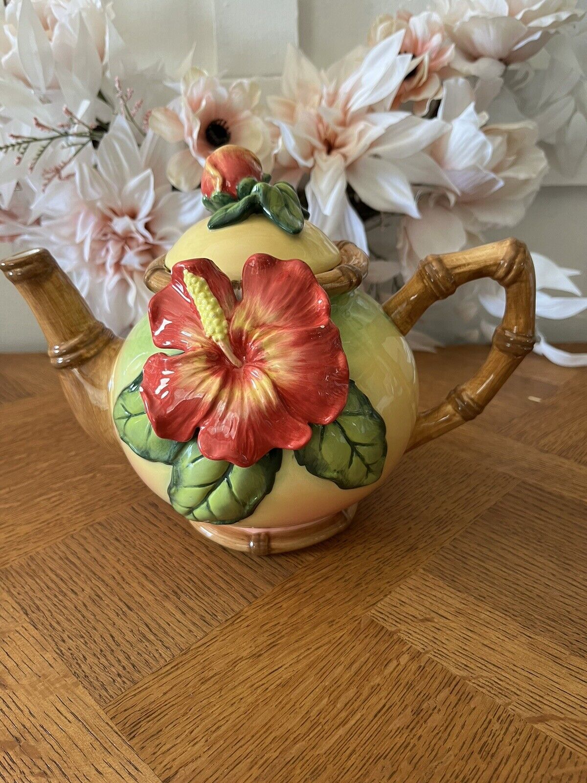 VTG Burton & Burton 3-D Hibiscus Tropical Tiki Hawaiian Themed Ceramic Teapot 