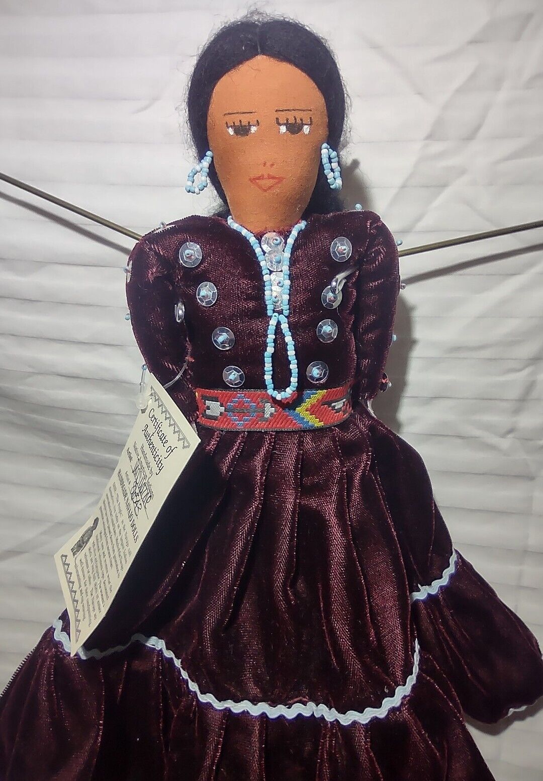 Handmade Navajo Doll Brown Dress Decorated Sequins & Beads 12\