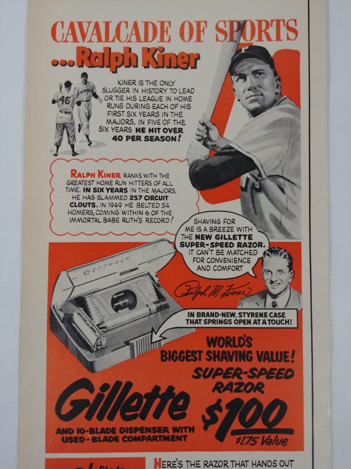 1952 Gillette Super Speed Razor Print Ad Ralph Kiner Vtg Life Mag Advertisement