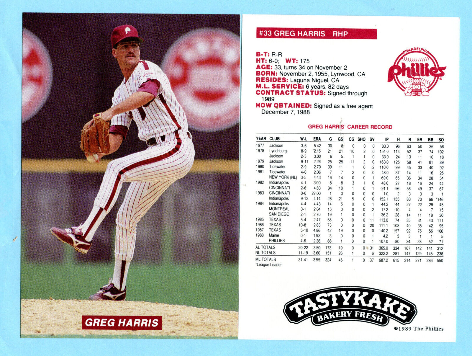 1989 Tastykake Phillies Postcard # 9 Von Hayes  Box 710