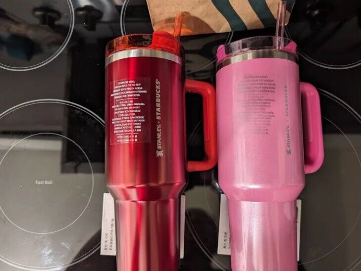 Set of 2 NEW STARBUCKS X STANLEY BUNDLE 2023 PINK and HOLIDAY RED 40oz TUMBLERS