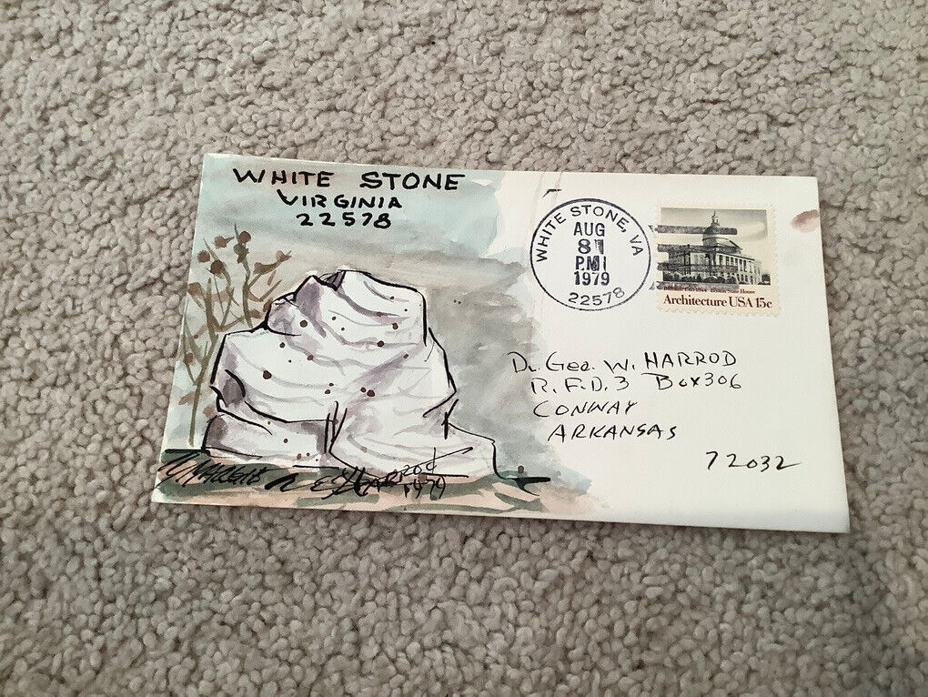 1979 WHITE STONE Virginia: Signed FOLK ART WATERCOLOR Postal Cover GEORGE HARROD