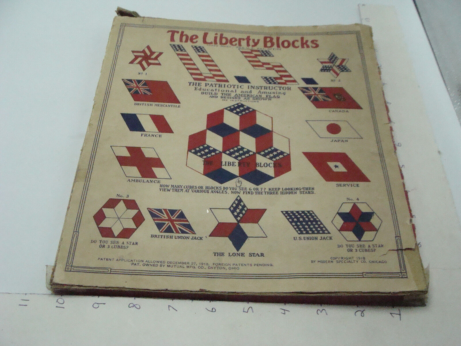 Vintage Original toy: 1918 THE LIBERTY BLOCKS complete in worn box, MAKE FLAGS