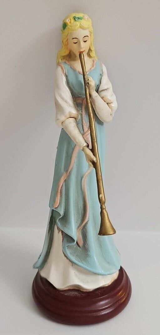 Enesco Angel Playing a Horn- Musical fiqurine With Long Horn With Wooden Base 