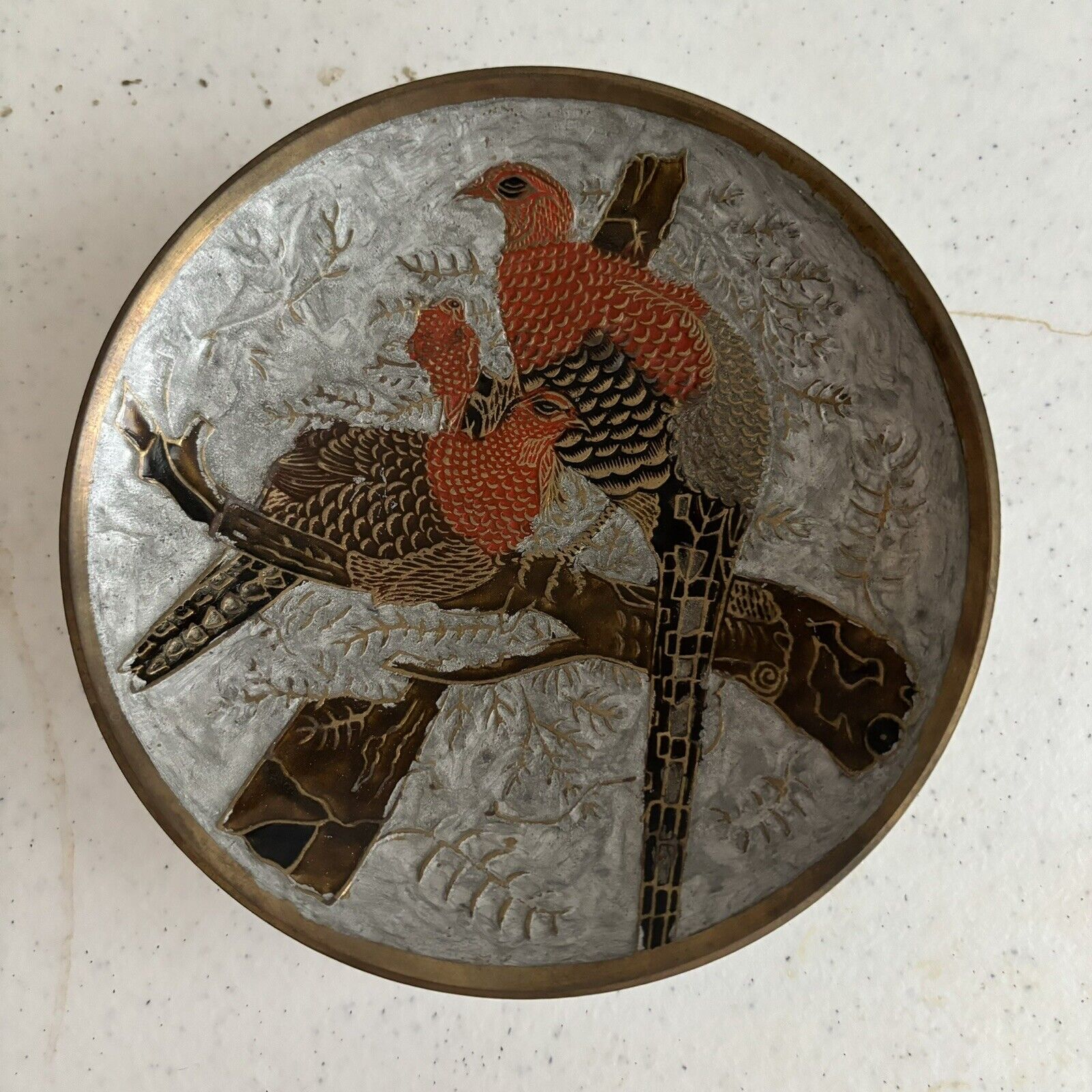 Metal cloisonné footed bowl with birds