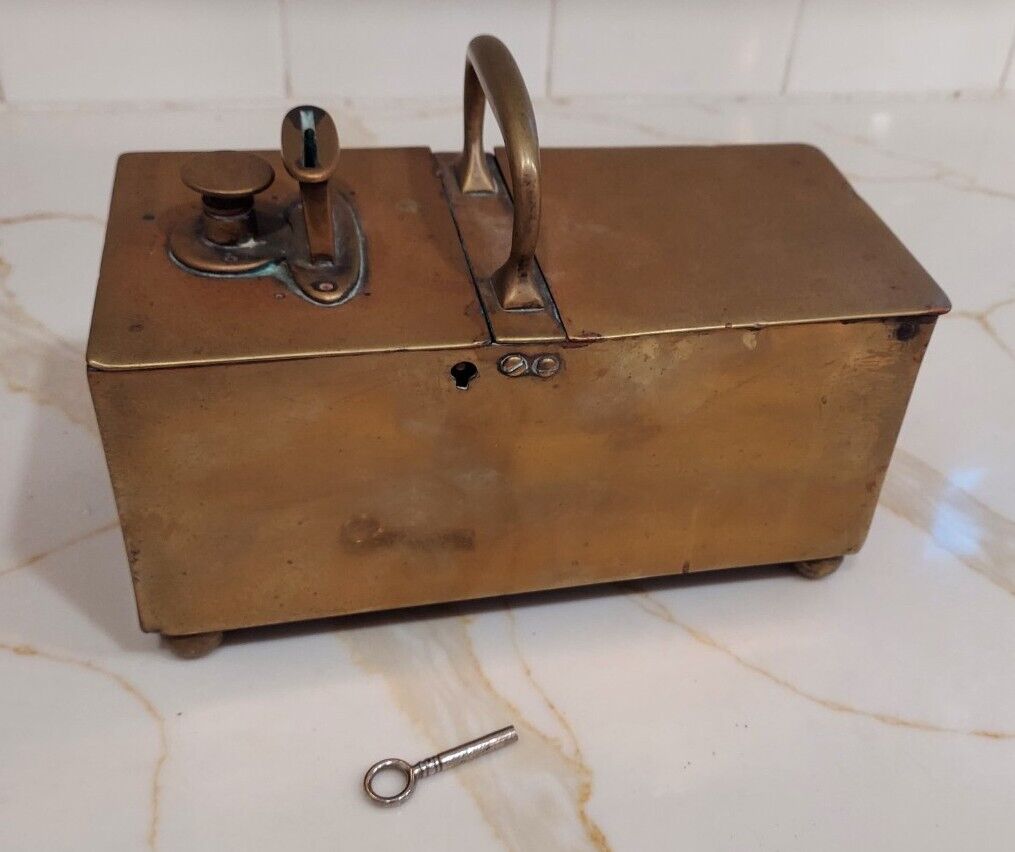 RARE Penny Slot Mechanical Tobacco Box English Brass, two hinged lids, Key READ