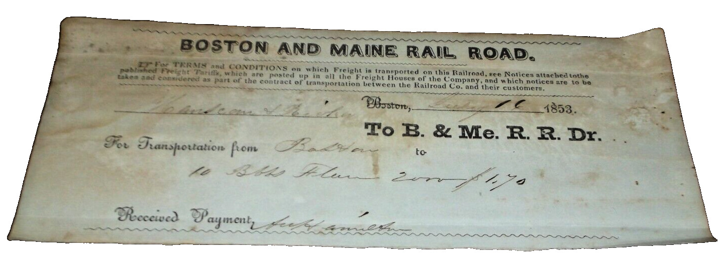 JULY 1853 BOSTON & MAINE B&M RAIL ROAD FREIGHT RECEIPT A