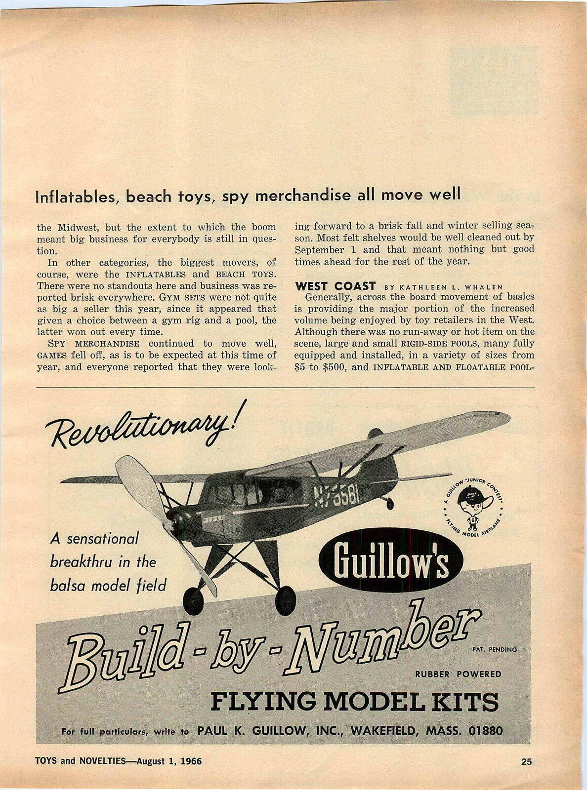 1966 ADVERT Guillow\'s Build By Number Flying Model Kit Piper Cub Balsa Rubber PW