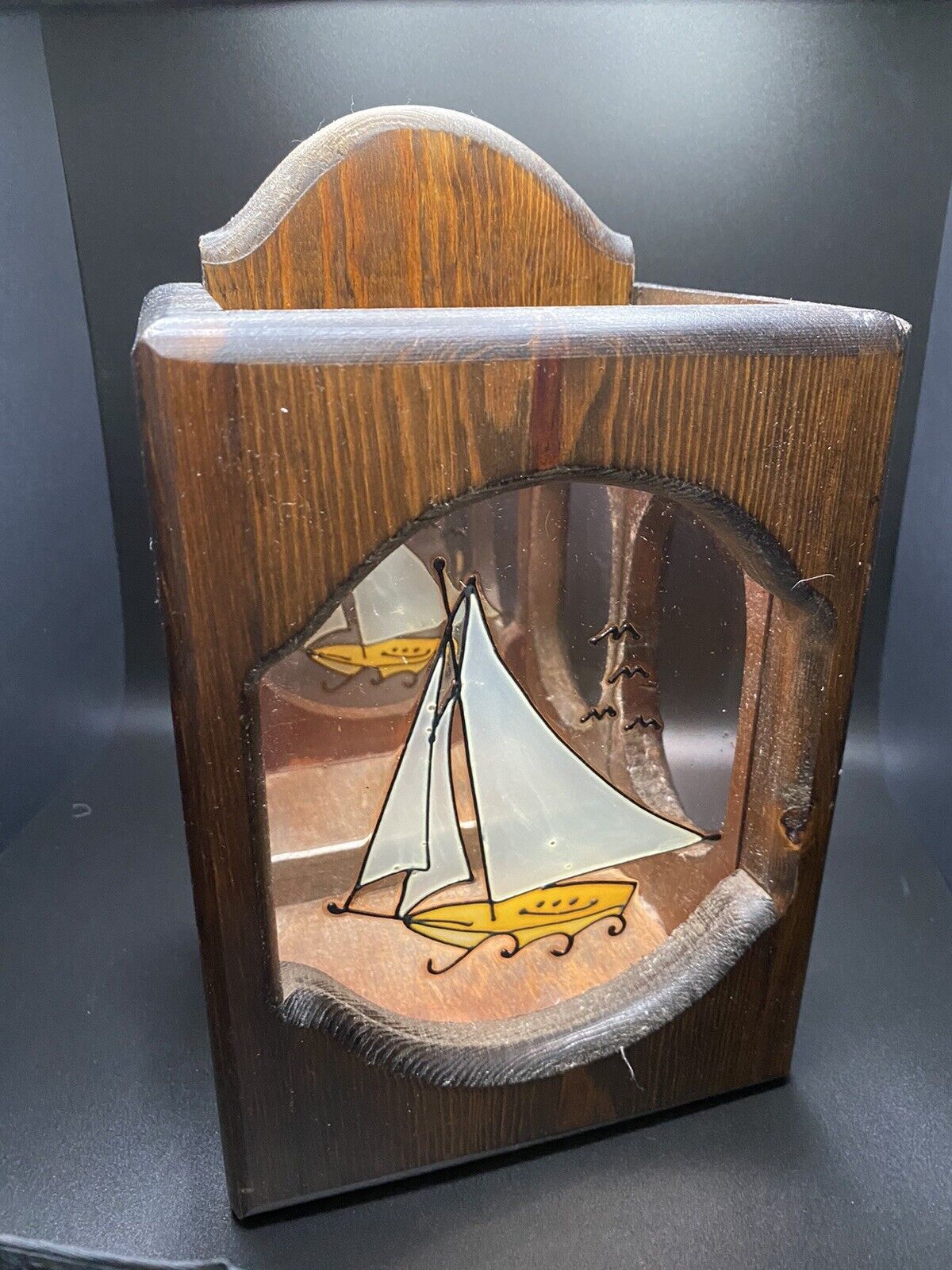 mcm wall hanging sailboat wood candle holder Stained Glass
