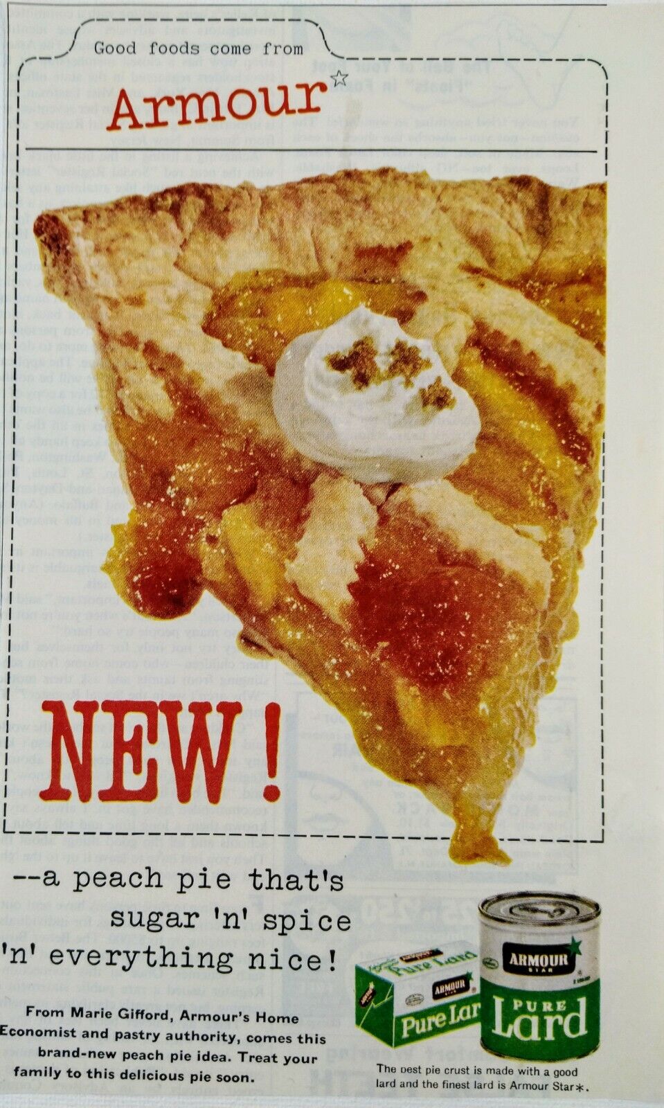 1959 Armour Star Pure Lard Peach Pie Cooking Baking Food Marie Gifford Print Ad