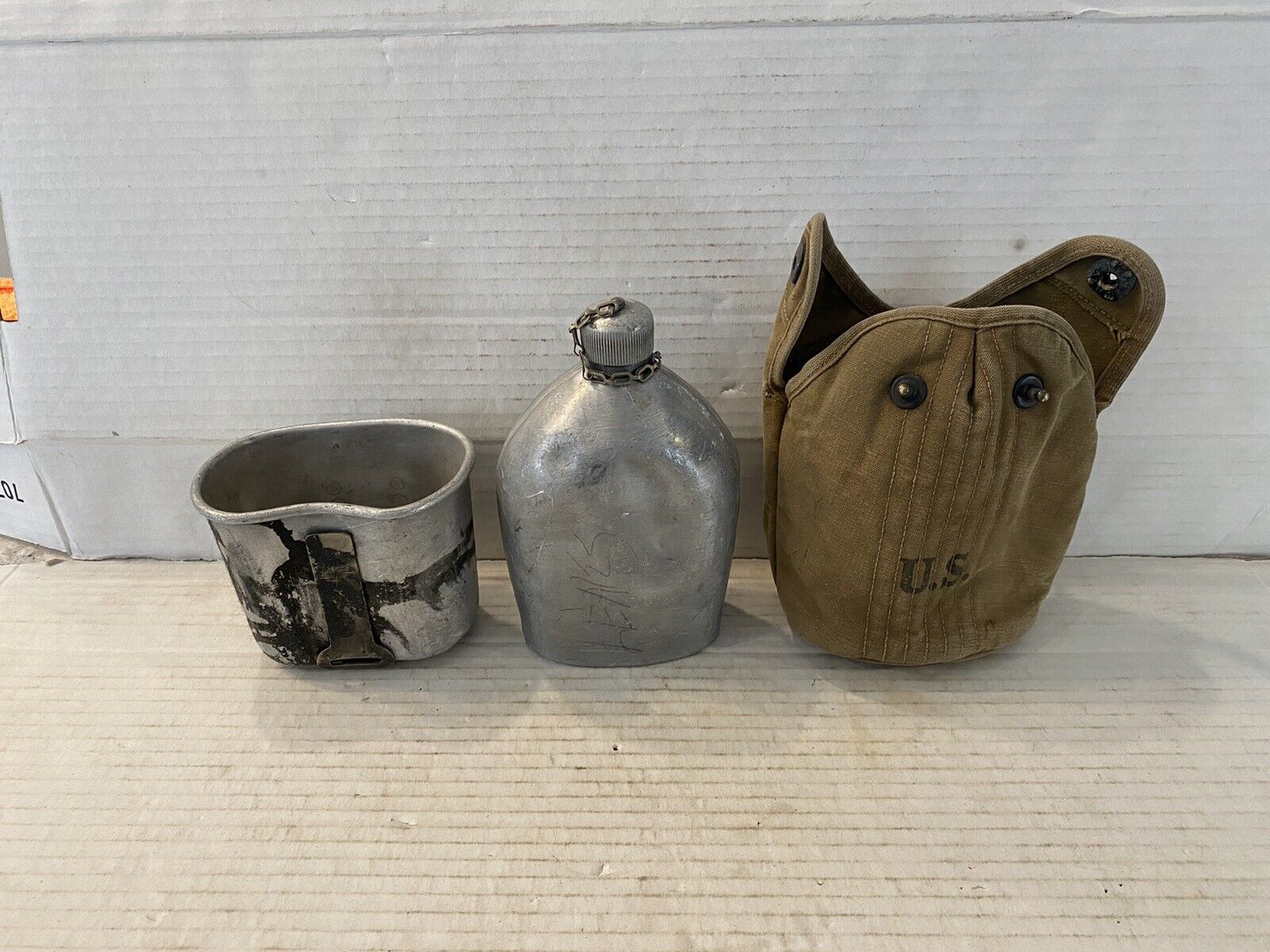 WWI US Army Canteen & Cup W/ Pouch Marked U.S. 1918-T.J.W.B.M. Co Bx15