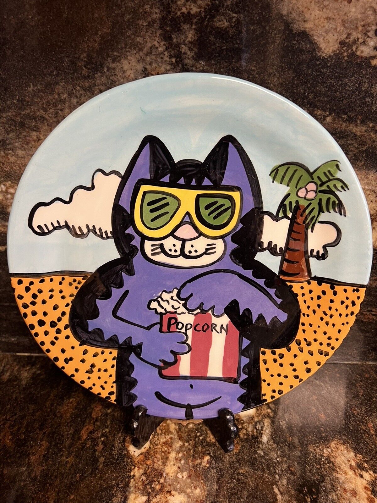 1990's Jay & Toni Mann Plate Purple Cat With Popcorn Signed 10.5” Rare Vintage