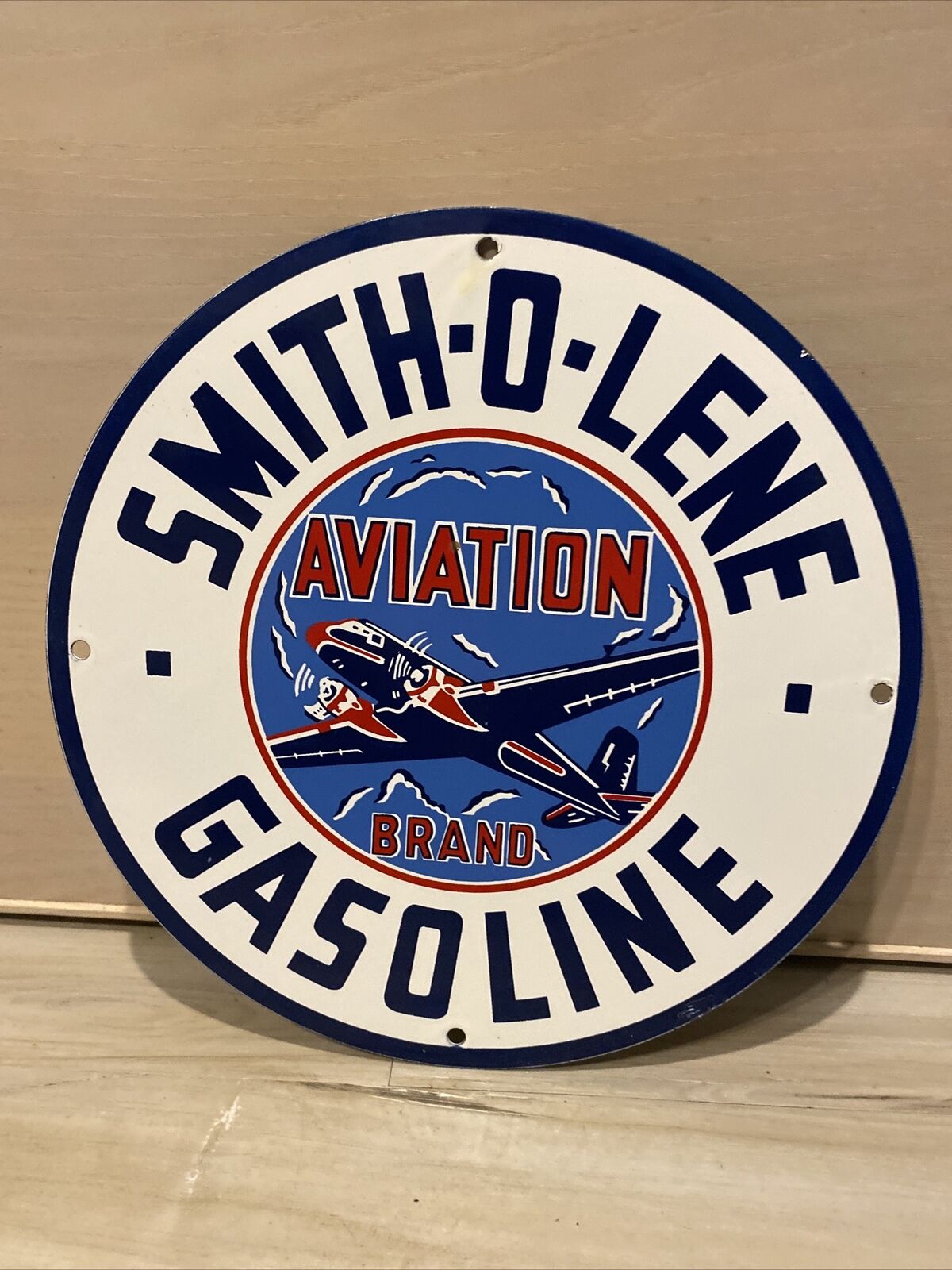 VINTAGE SMITH-O-LENE GASOLINE PORCELAIN AVIATION GAS SERVICE AIRPLANE PUMP SIGN