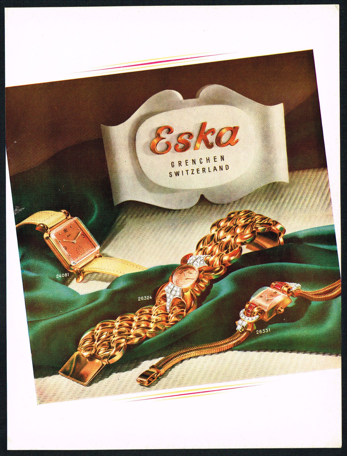 1940s Vintage Eska Womens Watch Fashion Jewelry Mid Century Color Art Print Ad b