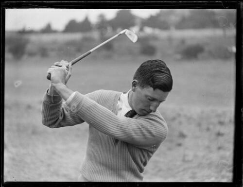 T.S. McKay swinging an iron club during a golf game, NSW, 1930s Old Photo