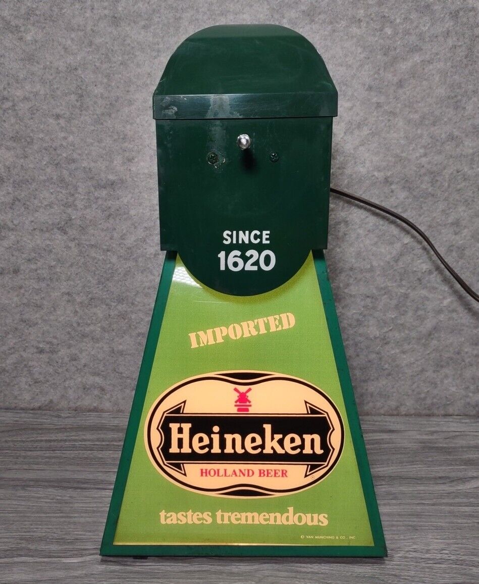 Vintage 1973 Heineken Windmill Lighted Beer Sign Green Face Works Lighted Spins
