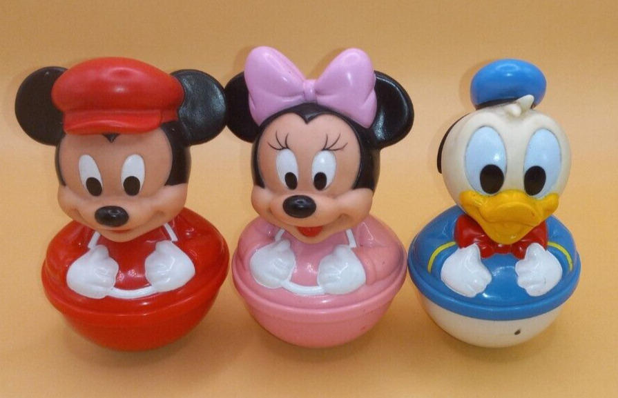 Vintage 4.5 In Minnie Mickie Donald Disney Weeble Wobble Weighted Toy Bundle