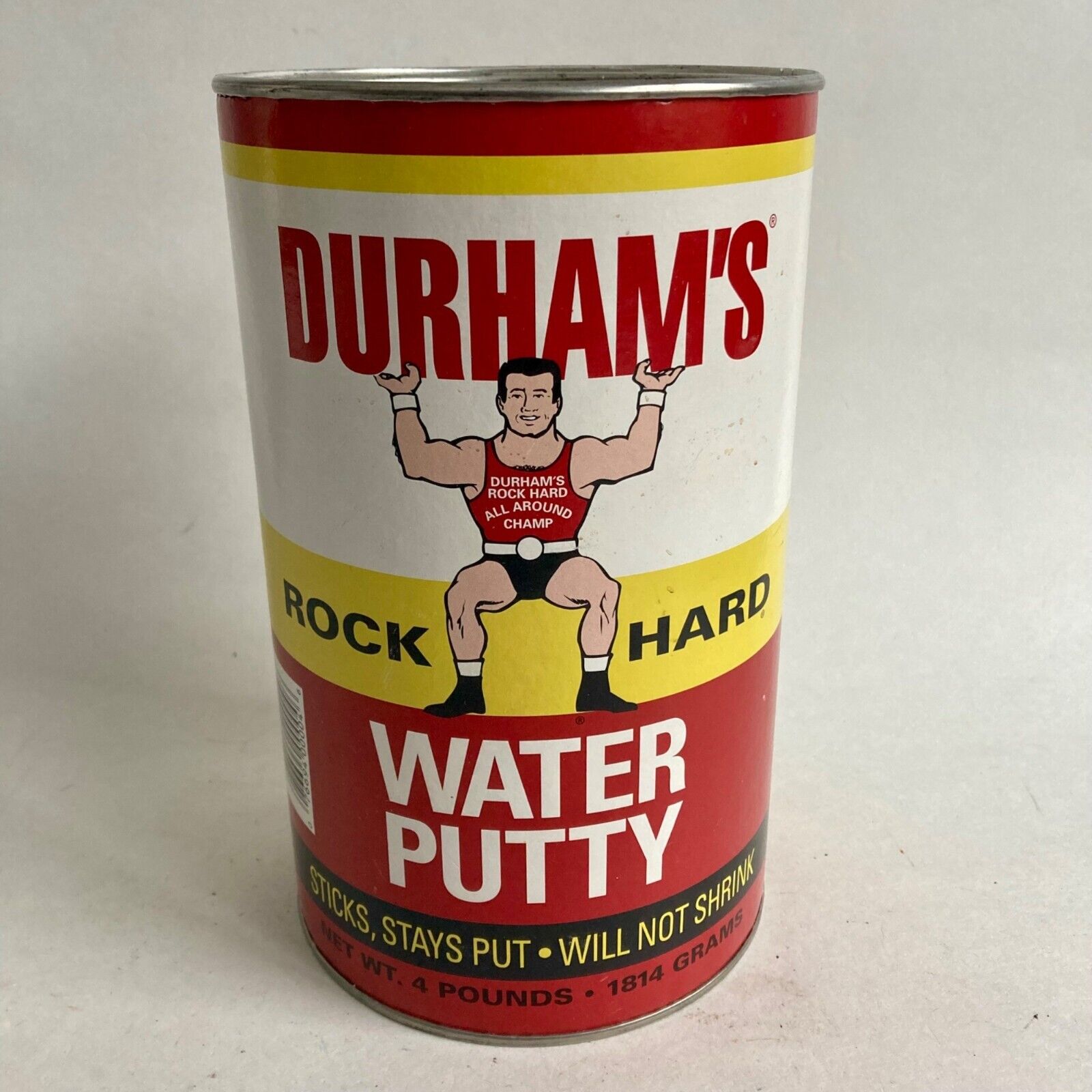 Vintage Durham\'s Rock Hard Water Putty Can Tin Weightlifter He-Man