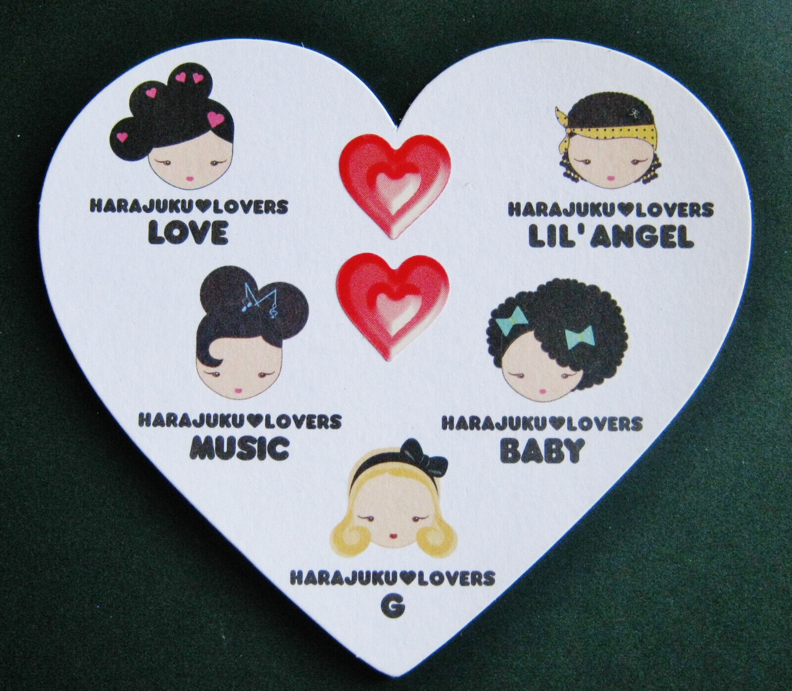 RARE HARAUKU LOVERS HEART-SHAPE PERFUME CARD, MUSIC, LIL ANGEL, G (GWEN STEFANI)