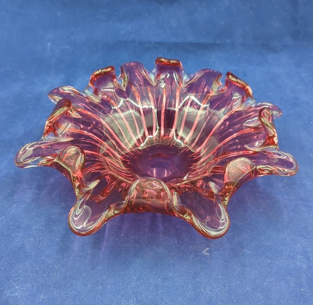 Vintage 1950s Cranberry Glass Centerpiece Bowl Made In Italy Mid Century Modern 