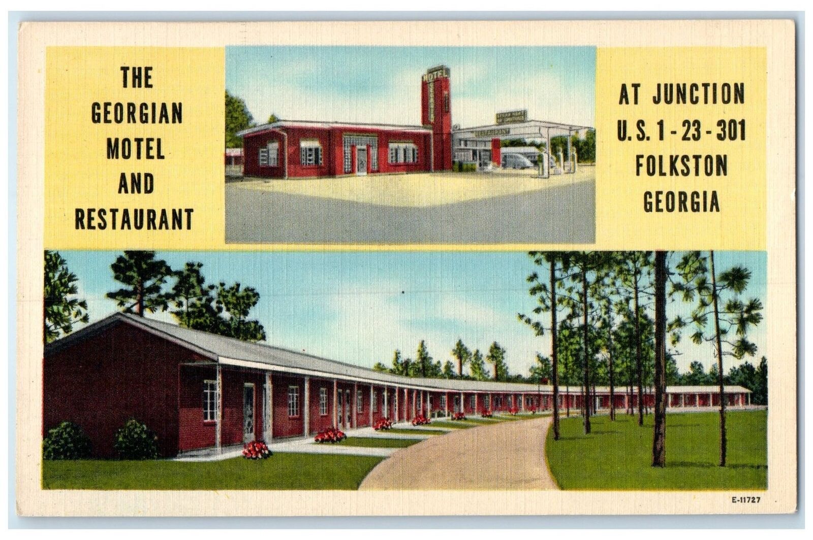 c1940's Georgian Motel & Restaurant Cottages Multiview Folkston Georgia Postcard