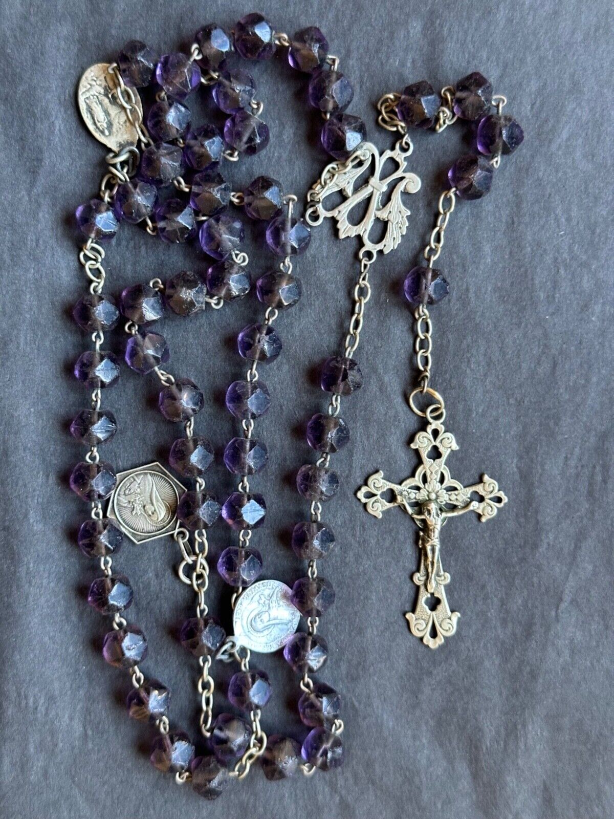 Remarkable French Antique Rosary - Amethyst stones, Sterling Silver Cross,medals