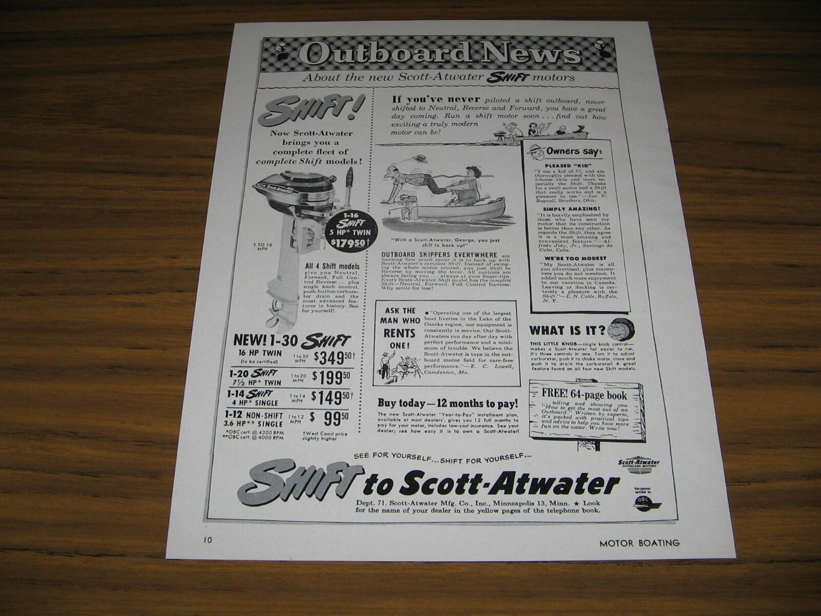 1950 Print Ad Scott-Atwater 1-16 Shift 5 HP Twin Outboard Motors Minneapolis,MN