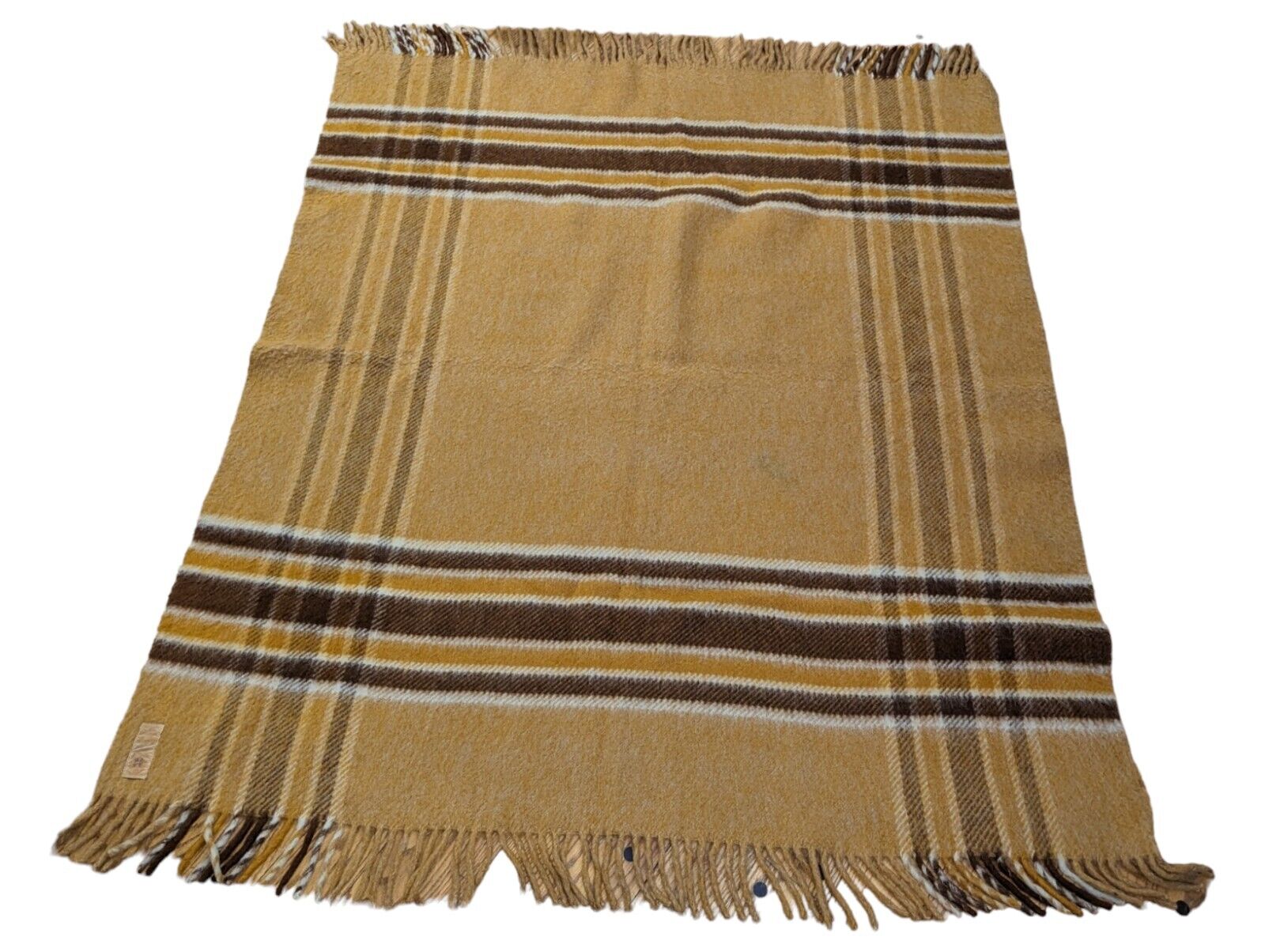 Vtg HORNER Woolen Mills Caramel w/ Brown Plaid 100% WOOL Blanket 61x56
