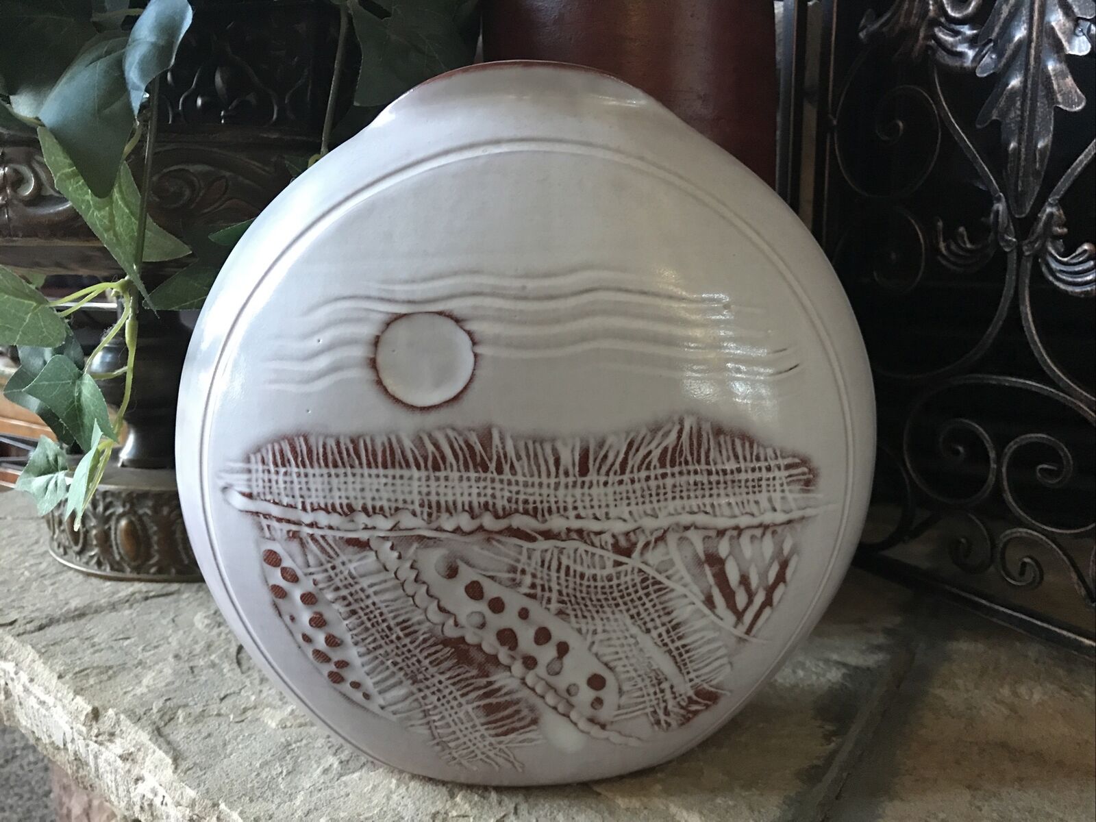 Vintage Ceramic Vase Large Signed Rare Textured Pottery Abstract Sunset Sunrise