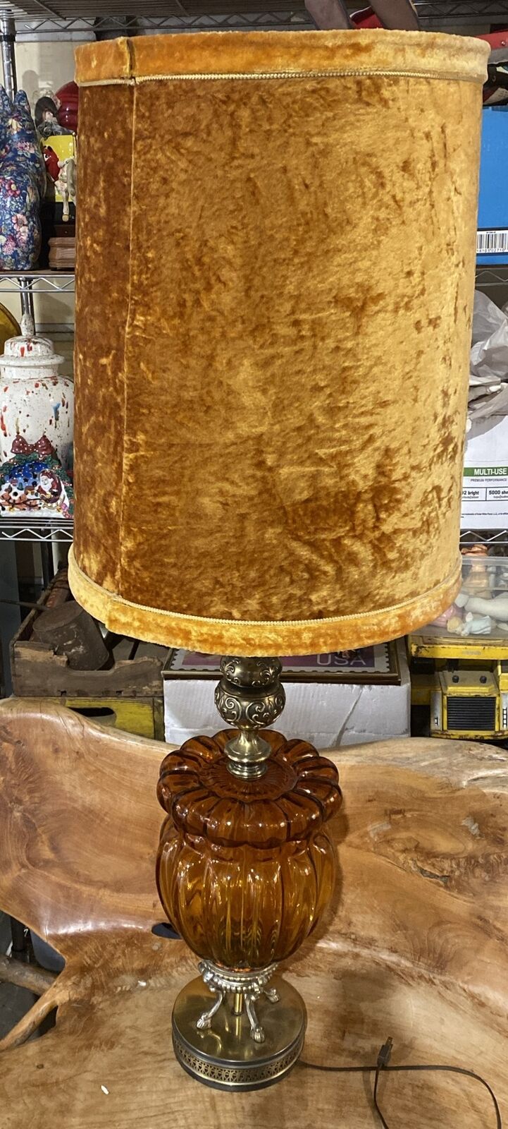 VTG HOLLYWOOD REGENCY MCM GOLD Orangish VELVET LARGE TABLE LAMP 49” TALL BEAUTY