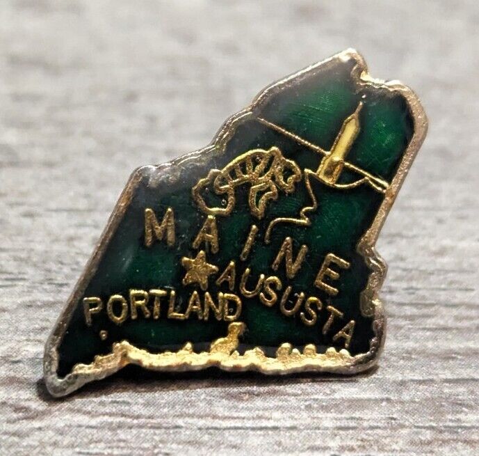Vintage Green State Of Main (Augusta) Shaped Gold-Toned Lapel