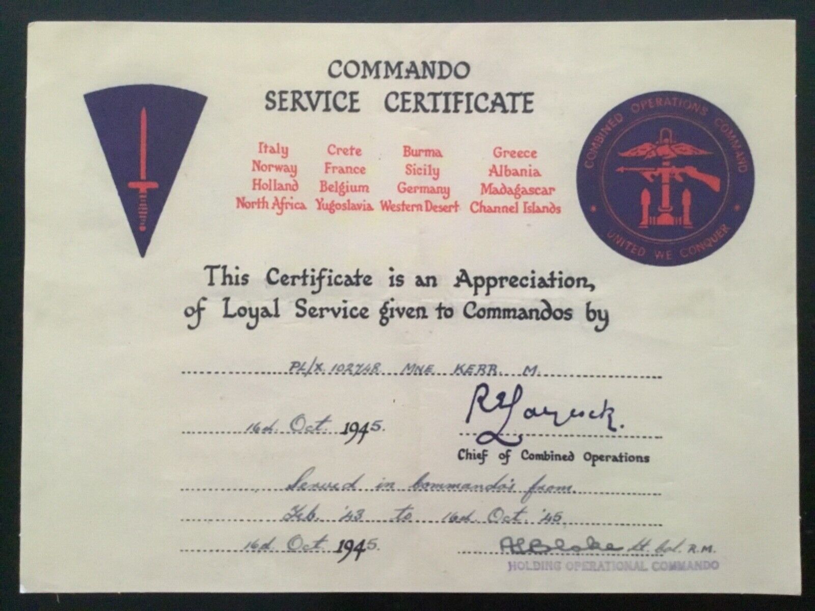 1945 WWII COMMANDO SERVICE CERTIFICATE *Reproduction*CHECKOUT MY AUCTION BARGINS