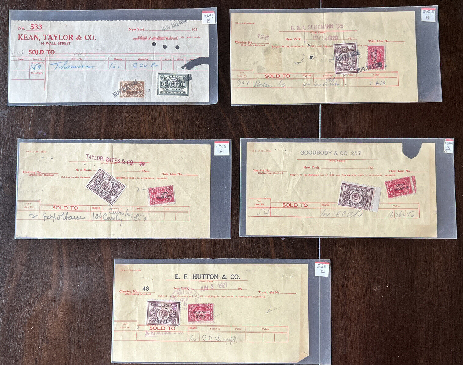 INVESTOR LOT OF 5 1920\'S  WALL STREET STOCK BUYS EXCHANGE FORMS TRANSFER STAMPS