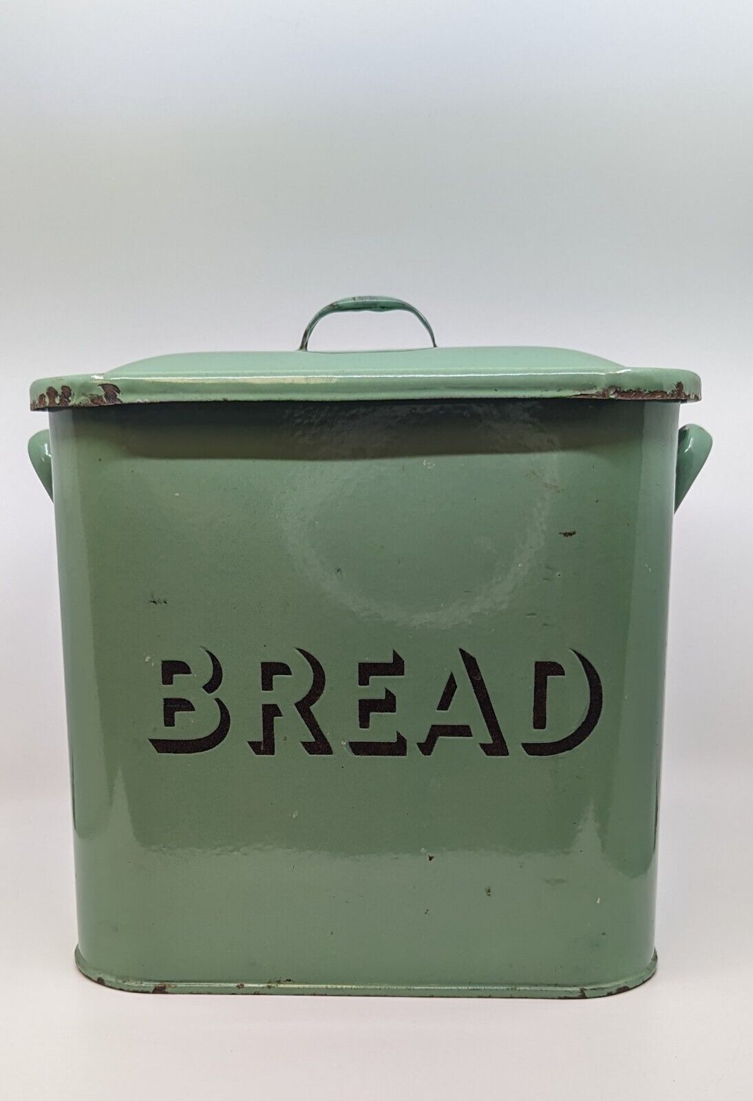 Vintage 1940’s Metal Enamel Sage Green Lidded Bread Box
