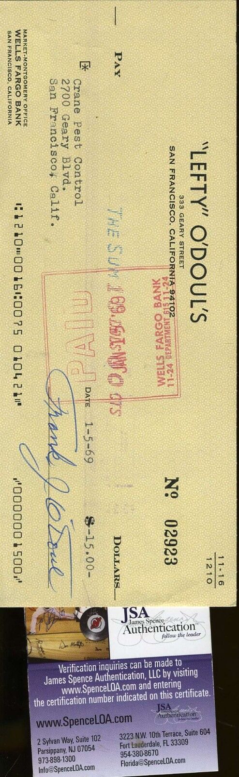 LEFTY O`DOUL 1969 SIGNED CHECK  JSA CERTIFIED AUTHENTICATED AUTOGRAPH
