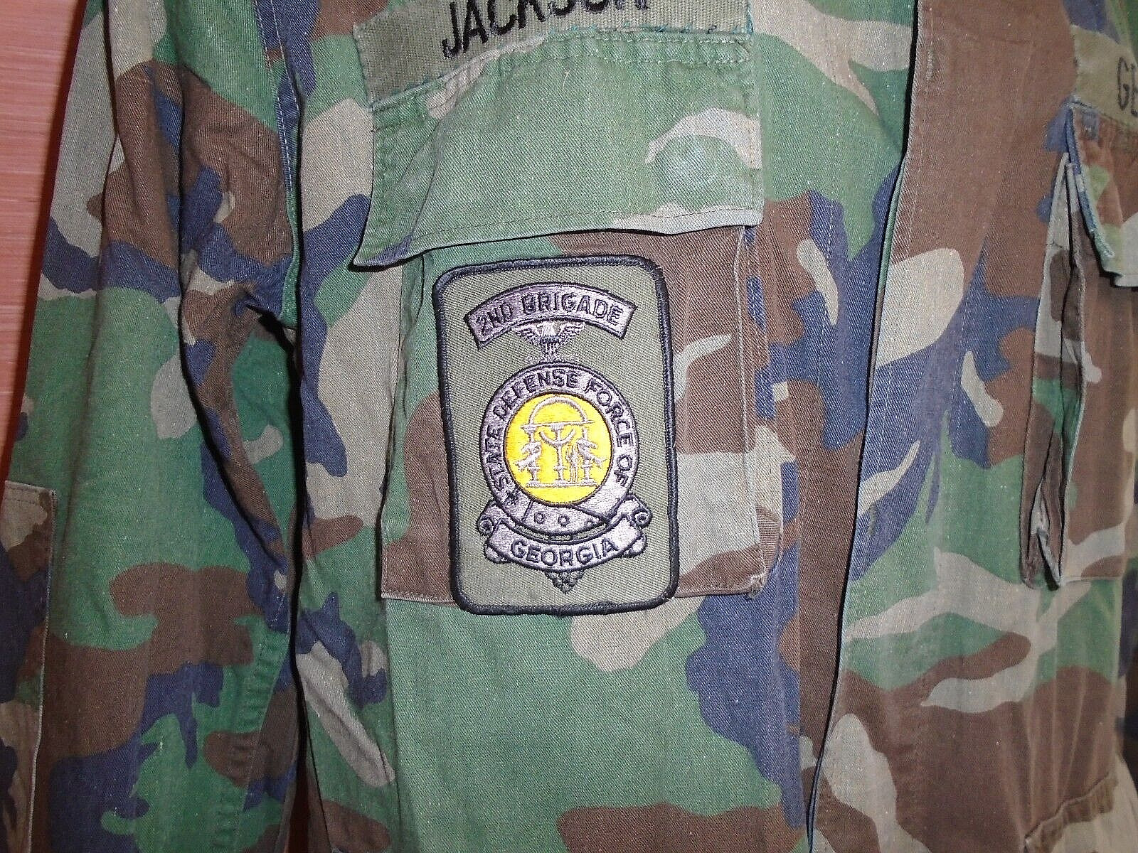 Vintage 80s Era State of Georgia Defense Force Woodland Coat Jacket Large Long