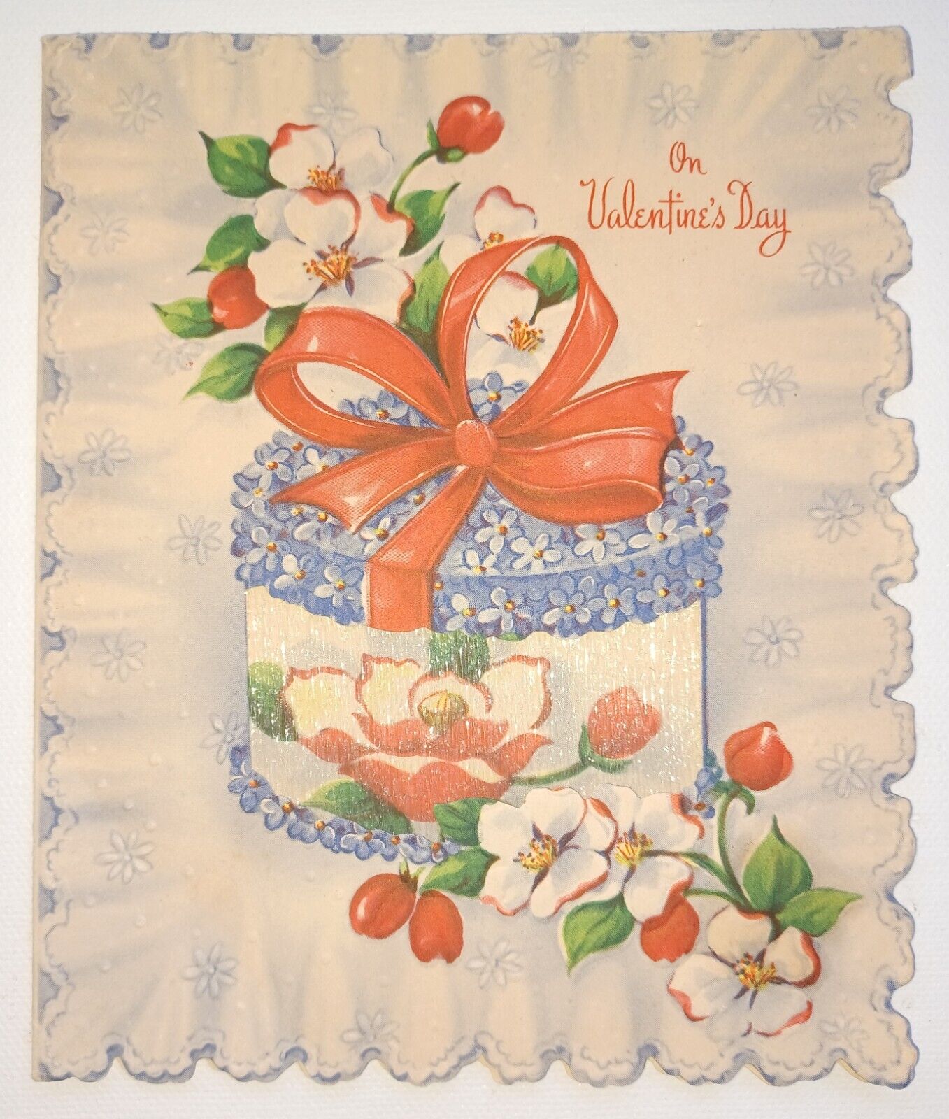 Vintage Valentine\'s Card Die Cut Scalloped Hat Box Flowers Glittery Cellophane