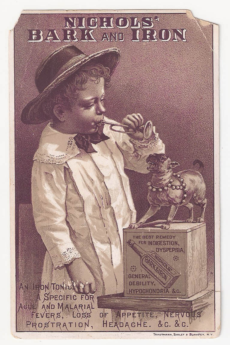 Nichols Bark & Iron Tonic Advertising Card Boy w/Dog & Tin Horn 1890\'s Rare