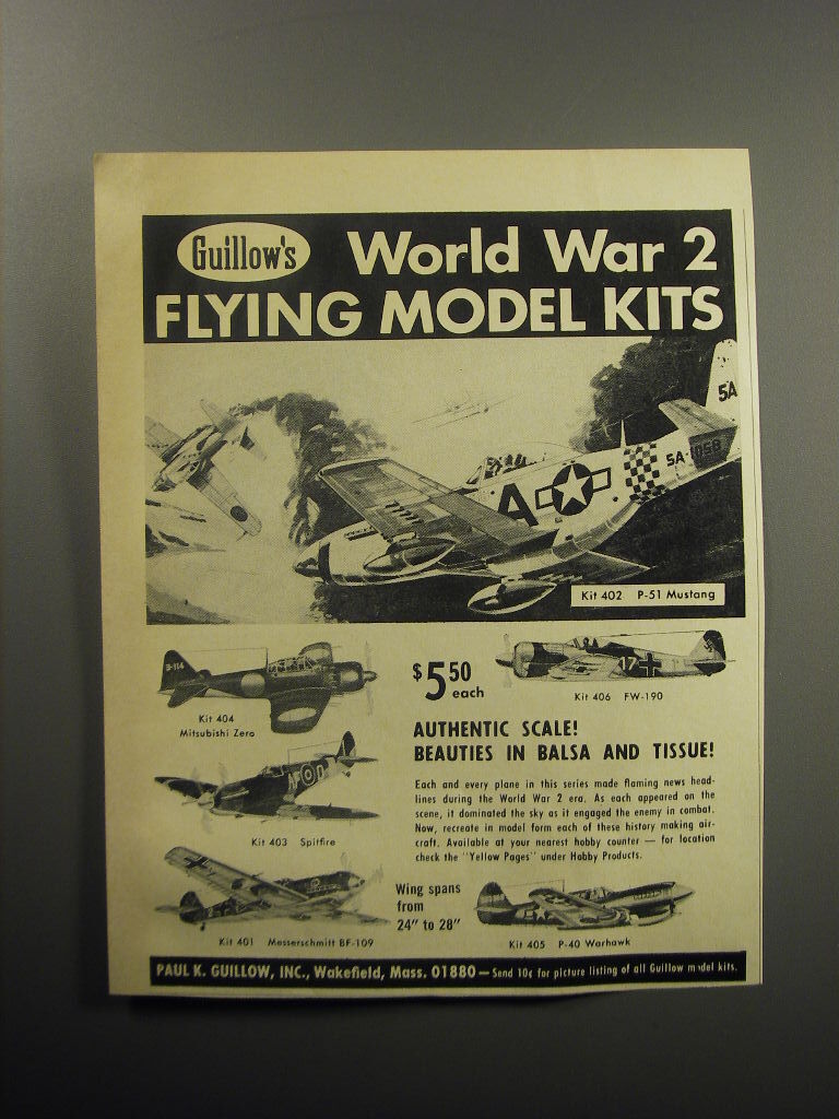 1968 Paul K. Guillow World War 2 Flying Model Kits Ad - P-51 Mustang, FW-190
