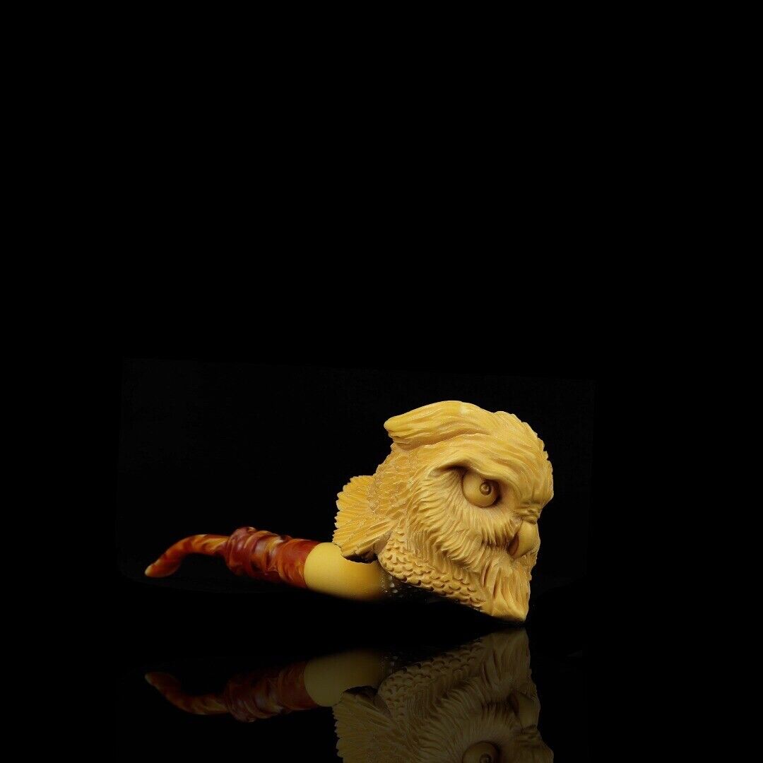 The Great Horned Owl Smoking Pipe New Block Meerschaum Handmade Custom Case#1184