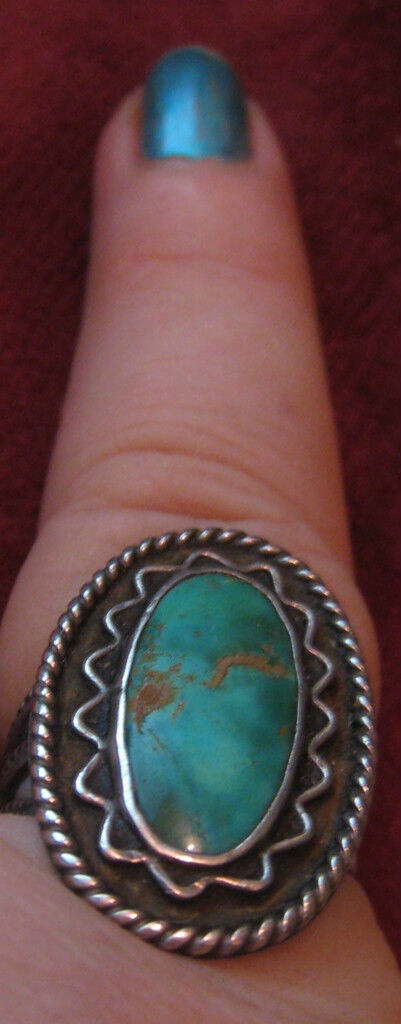 Navajo Ring Blue Gem Turquoise Ingot Wire Work Size 8 Older Vintage Gorgeous