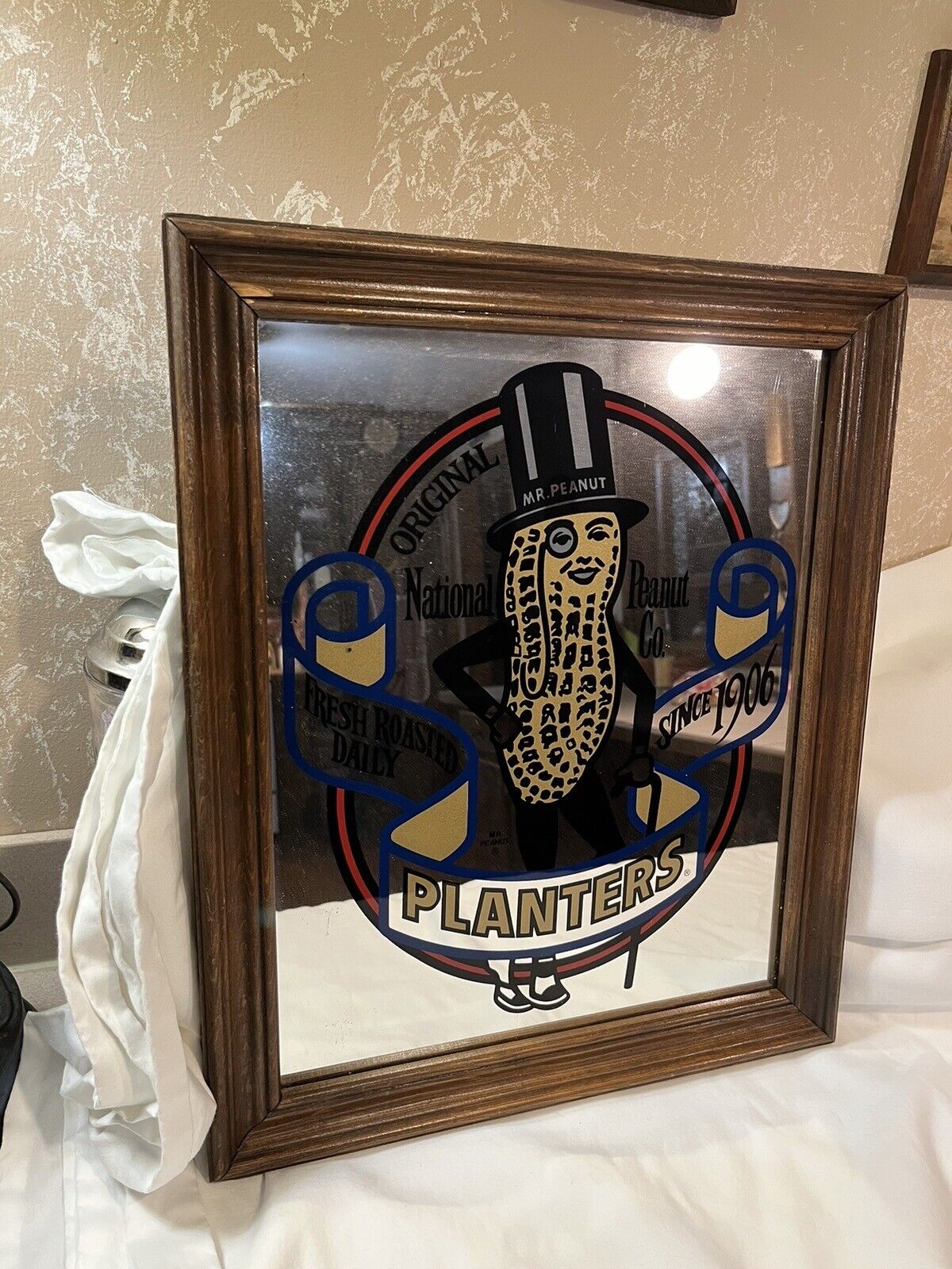 Vintage Planter's Mr. Peanut Mirror/Picture  Wooden Frame