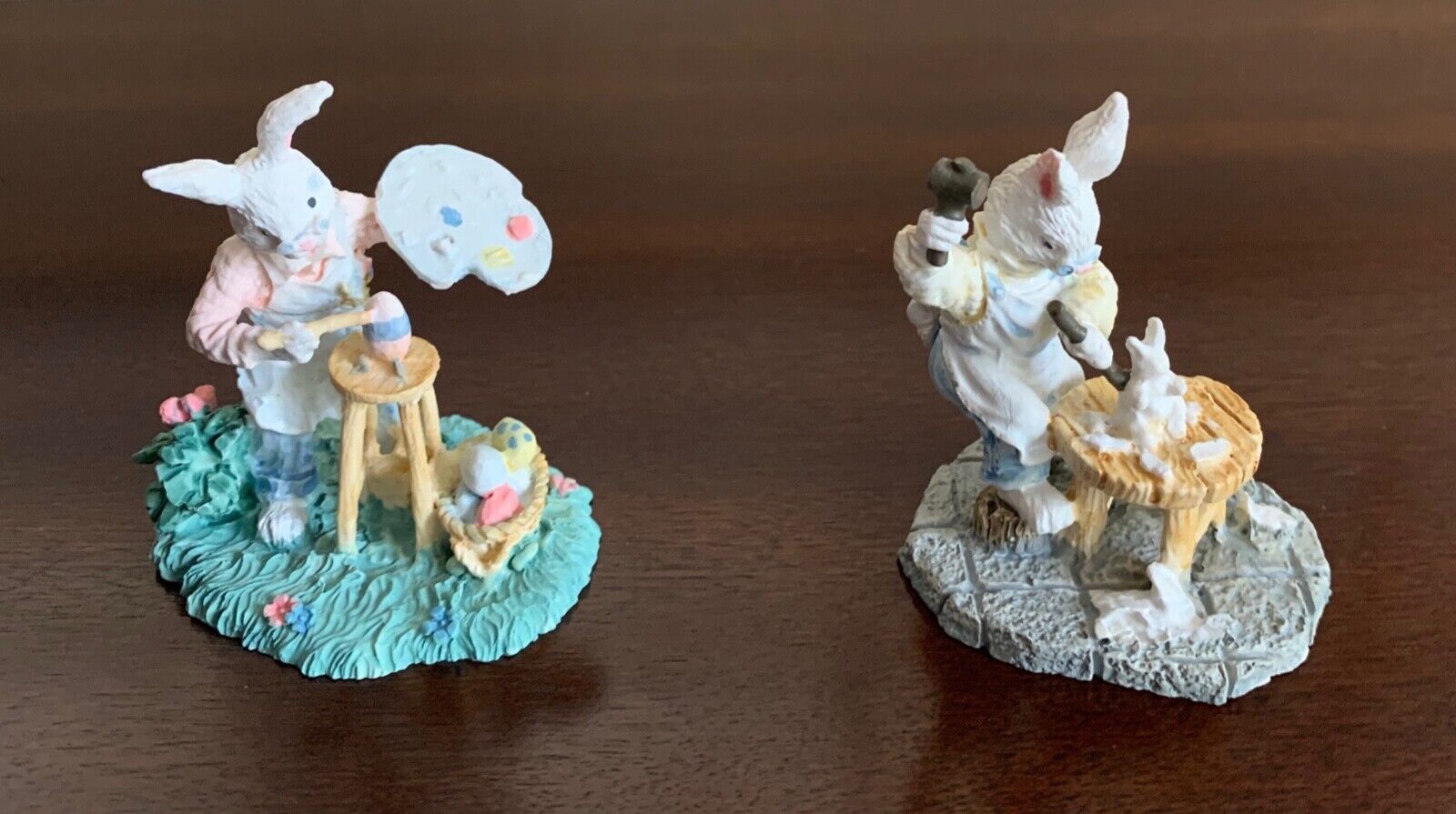 2 Midwest Easter Bunny Figurines ~ Bunny Egg Painter and Bunny Sculptor