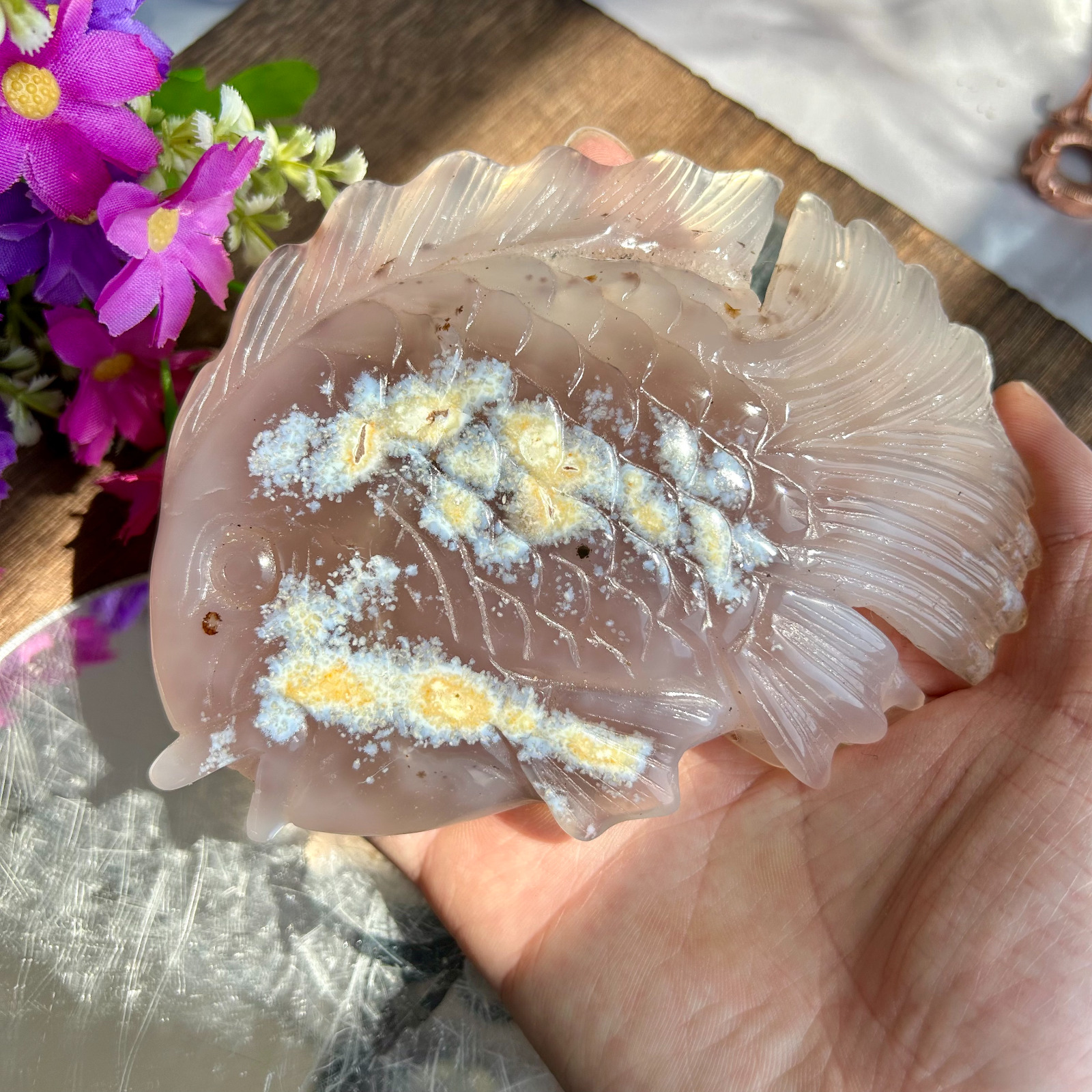 425g Natural Druzy agate geode Hand Carved Quartz crystal fish Healing Decor