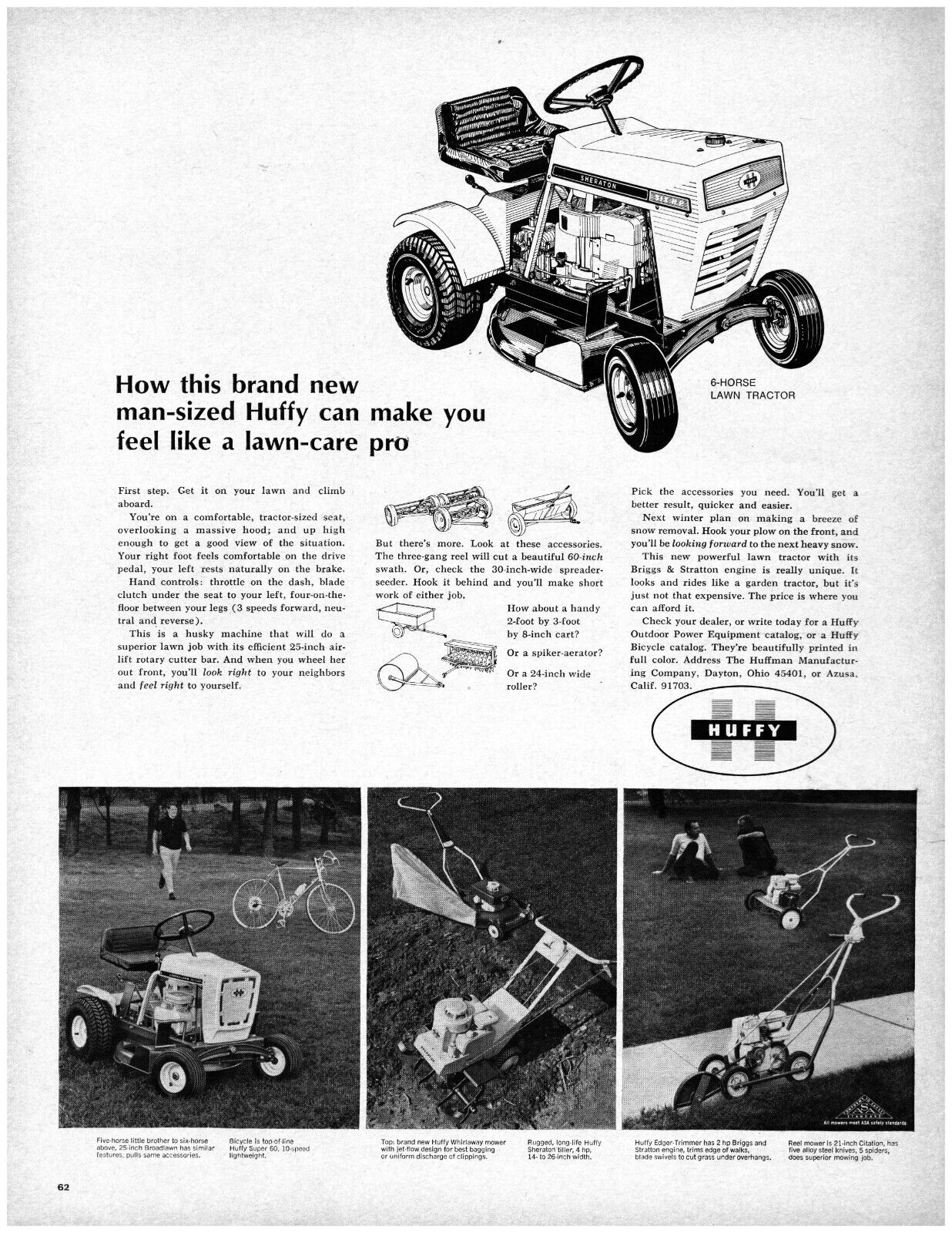 1967 Huffy Lawn Tractor Vintage Print Ad Riding Mower 6 Horse Power Electric 