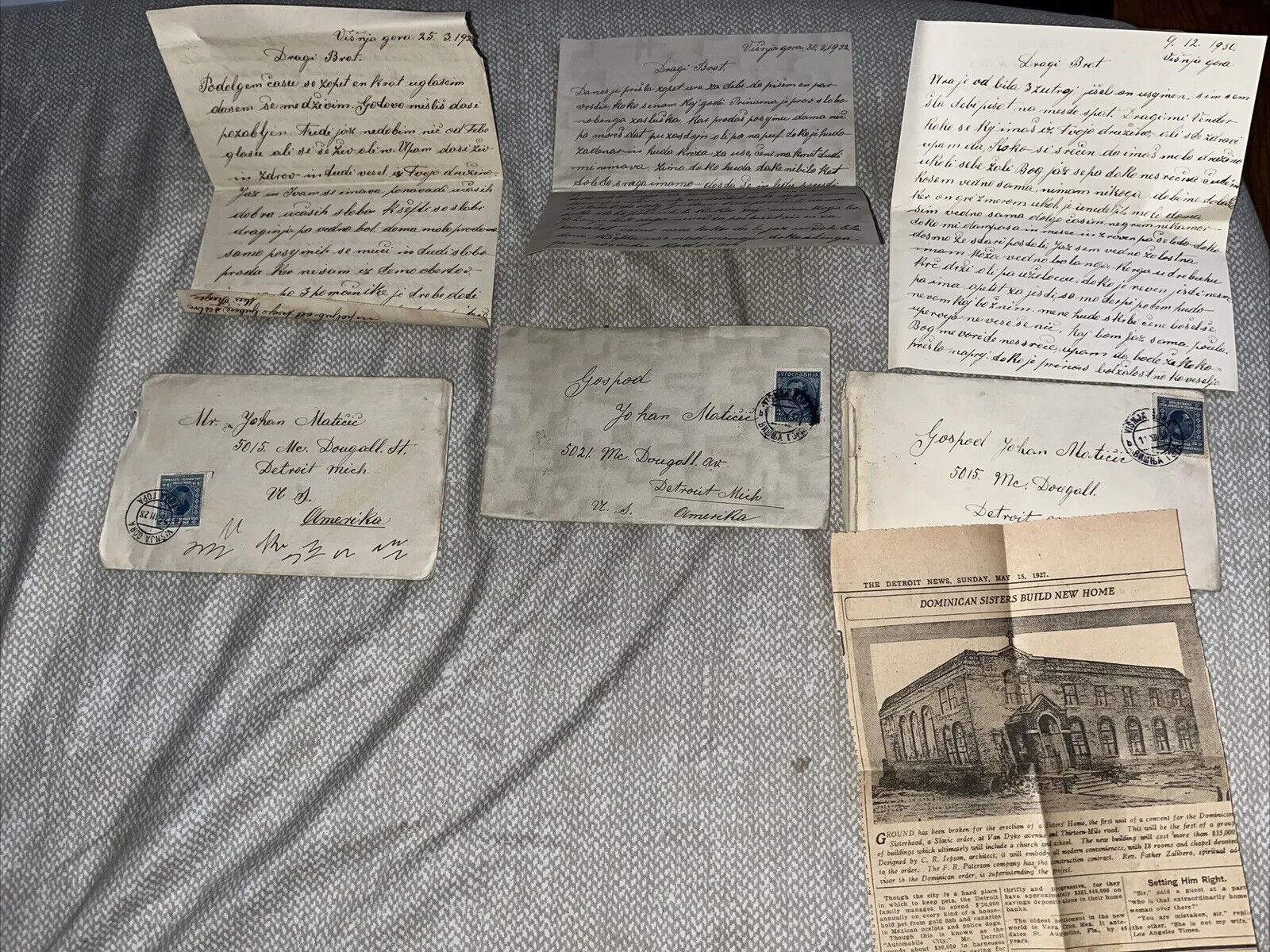 3 Antique 1920-30s Letters to Detroit MI Michigan: Višnja Gora Slovenia Postmark