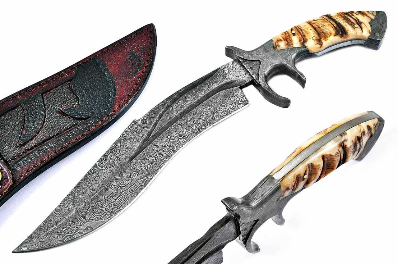 Knivesjunction Custom-handmade Damascus Steel Bowie Knife with Leather Sheath