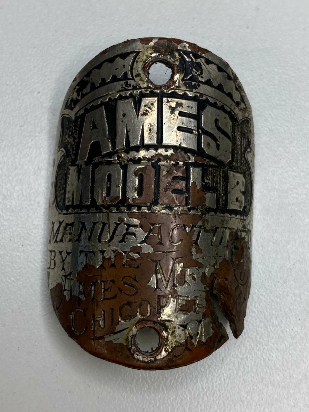 early antique AMES Model B bicycle HEAD BADGE tag