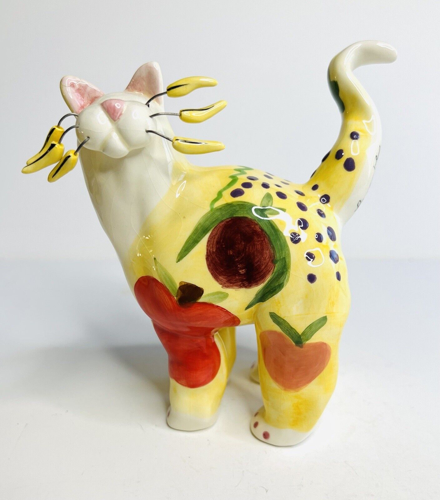 Amy Lacombe Figurine Whimsiclay 2001 Annaco Creations Yellow Fruity Cats Signed
